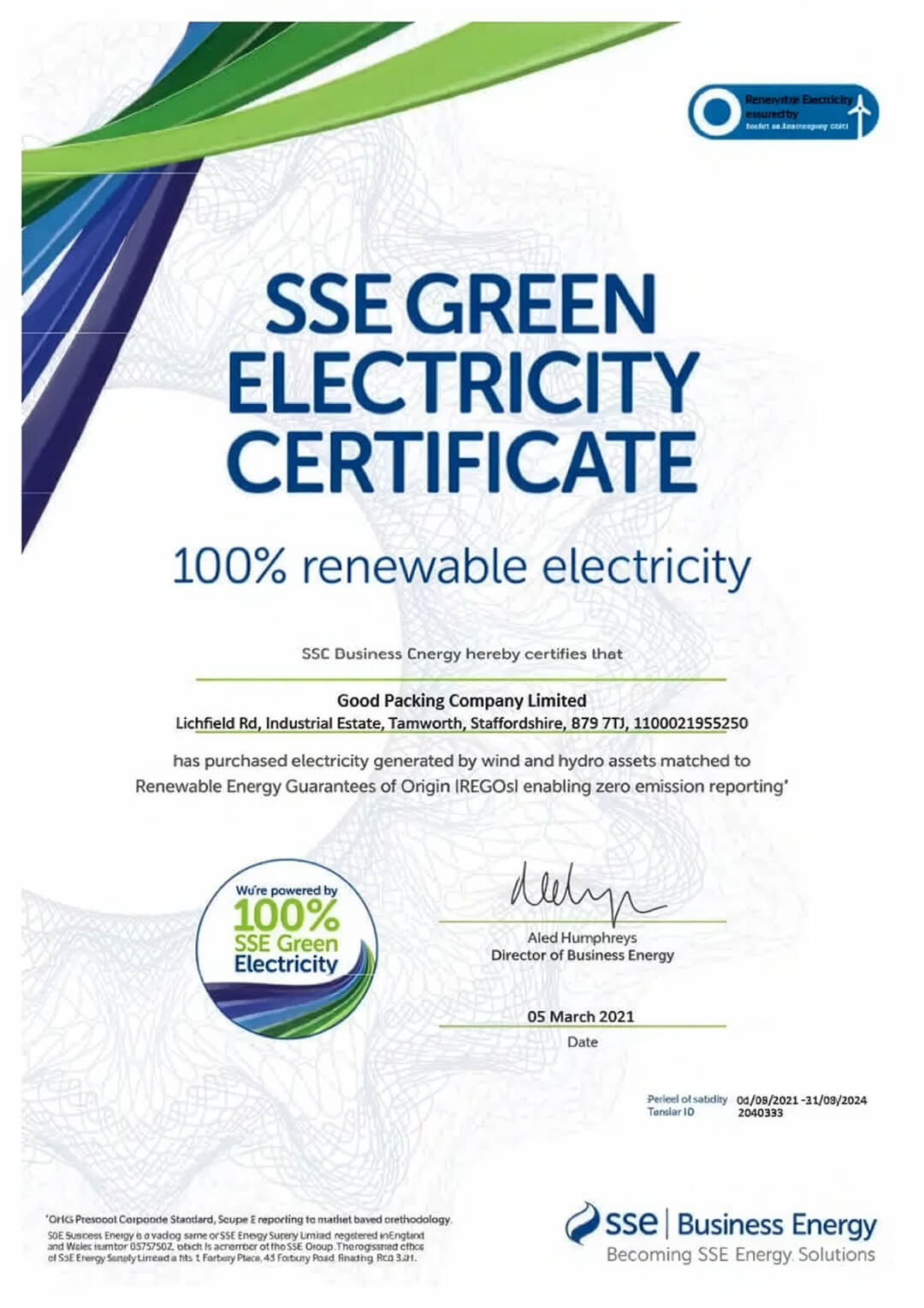 Good Packing Company Limited - 100% SSE Green Electricity